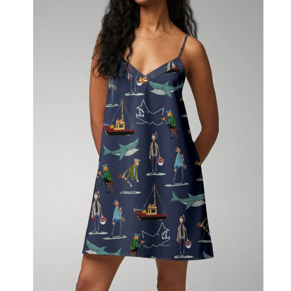 SHE SHOW Shark Jaws Spaghetti Strap Nightdress Navy L